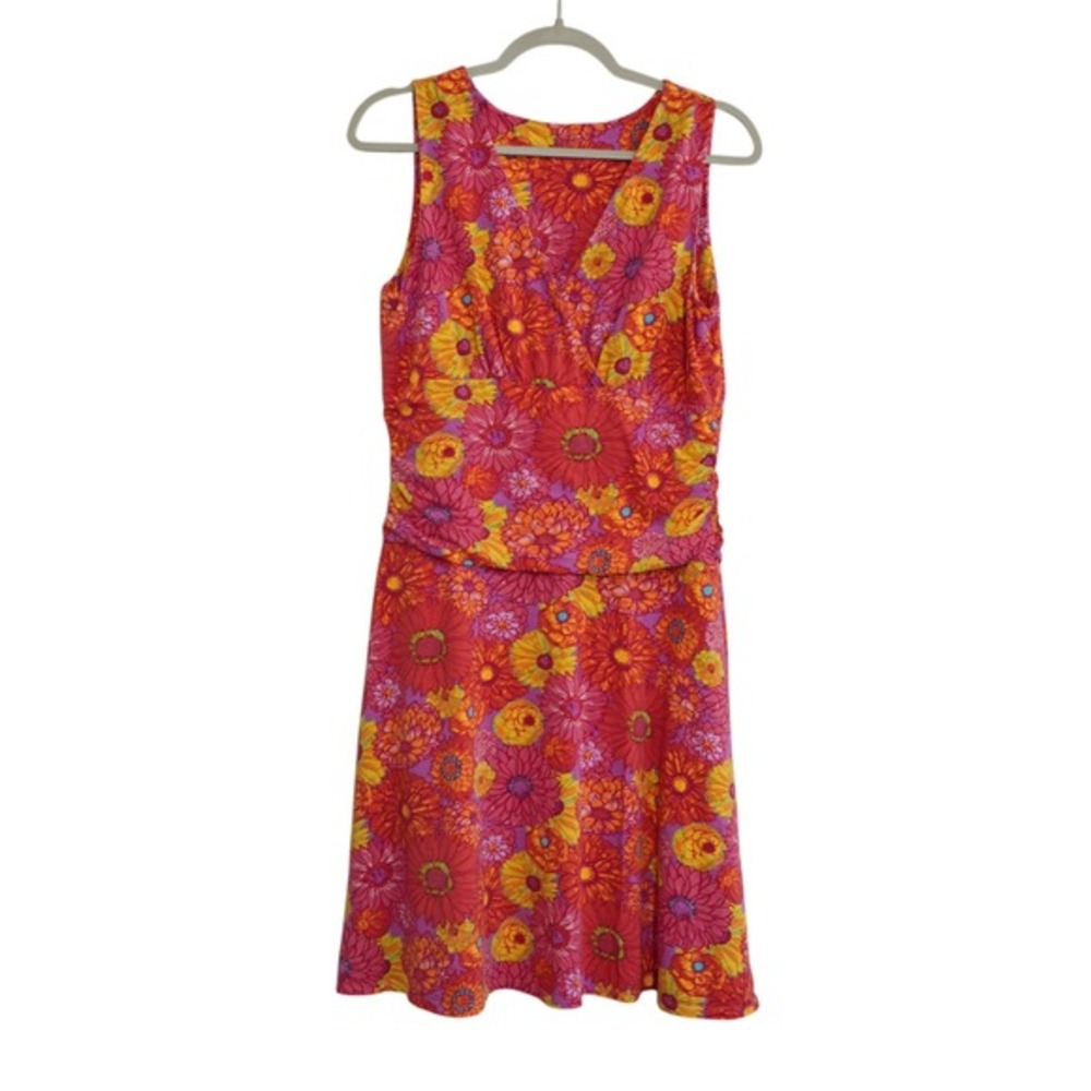 Garnet Hill Medium Midi Dress Pink Orange Floral Sleeveless Faux Wrap Ruched